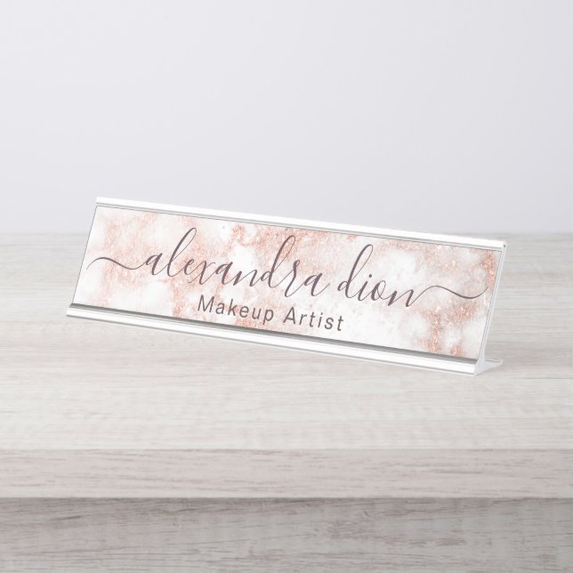 Elegant copper rose gold glitter makeup artist desk name plate (Front)