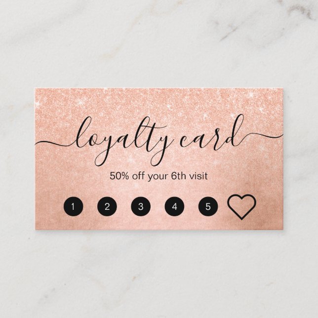 Elegant copper rose gold glitter makeup artist loyalty card (Front)