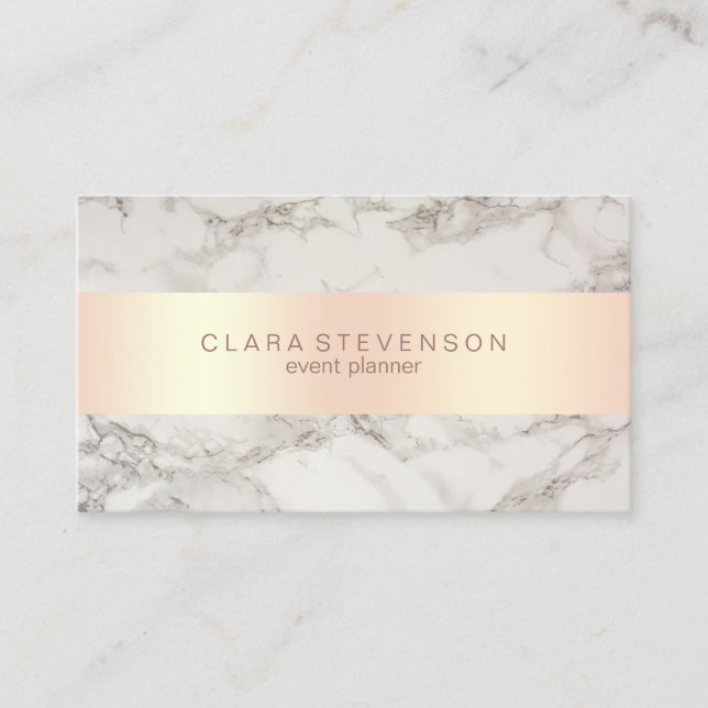 Elegant copper rose gold & marble event planner business card (Front)