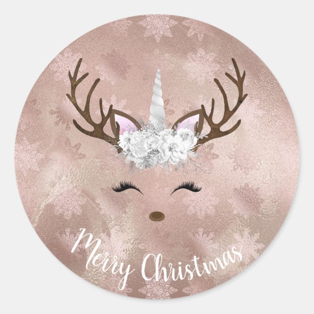 Elegant copper rose gold marble unicorn reindeer classic round sticker (Front)