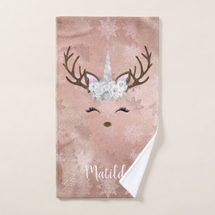 Elegant copper rose gold marble unicorn reindeer hand towel