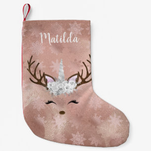 Elegant copper rose gold marble unicorn reindeer small christmas stocking