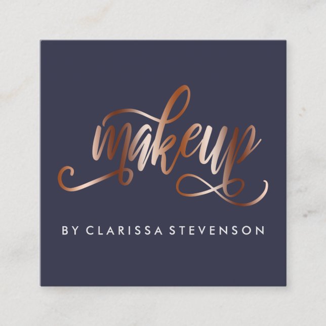 Elegant copper rose gold & navy blue makeup artist square business card (Front)