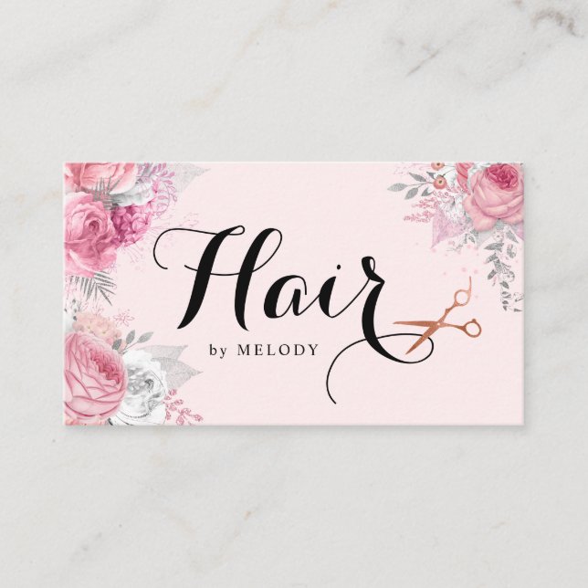 Elegant copper rose gold scissors hairstylist appointment card (Front)