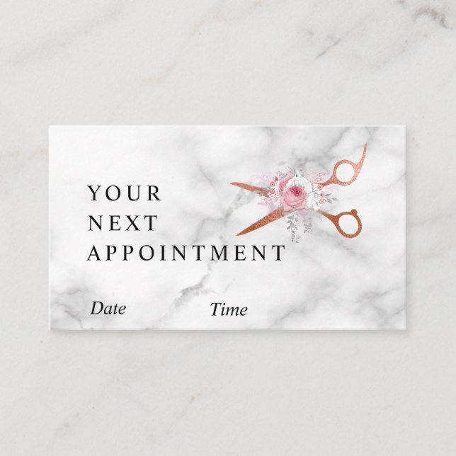 Elegant copper rose gold scissors hairstylist appointment card (Front)