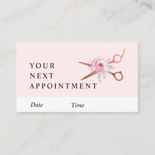 Elegant copper rose gold scissors hairstylist appointment card (Front)