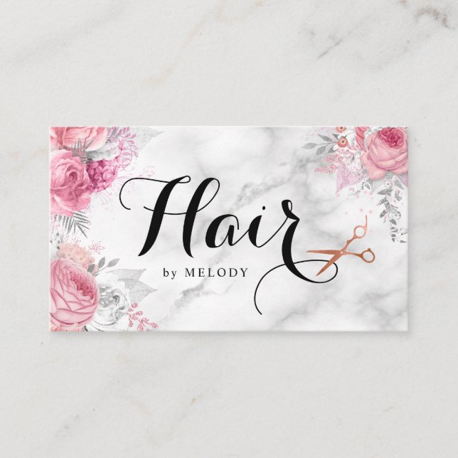 Elegant copper rose gold scissors hairstylist appointment card (Front)