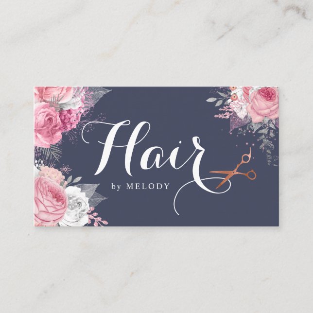 Elegant copper rose gold scissors hairstylist appointment card (Front)