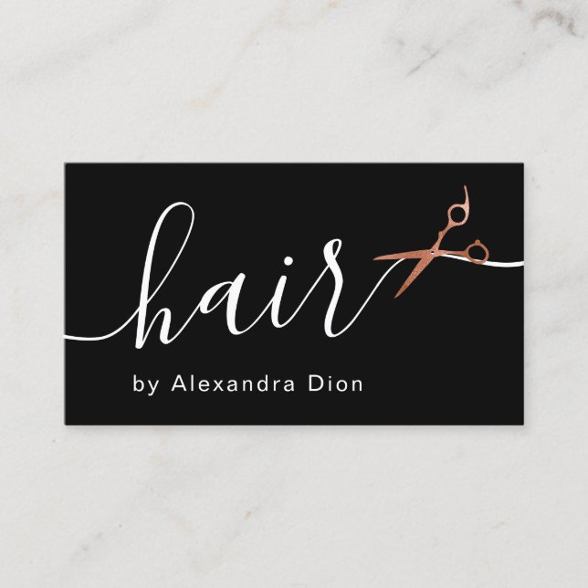 Elegant copper rose gold scissors hairstylist business card (Front)