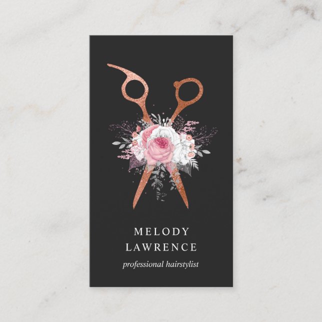 Elegant copper rose gold scissors hairstylist business card (Front)