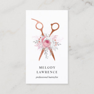 Elegant copper rose gold scissors hairstylist business card
