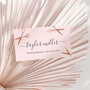 Elegant copper rose gold scissors hairstylist business card