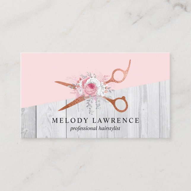 Elegant copper rose gold scissors hairstylist business card (Front)
