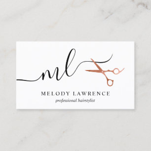 Elegant copper rose gold scissors hairstylist business card
