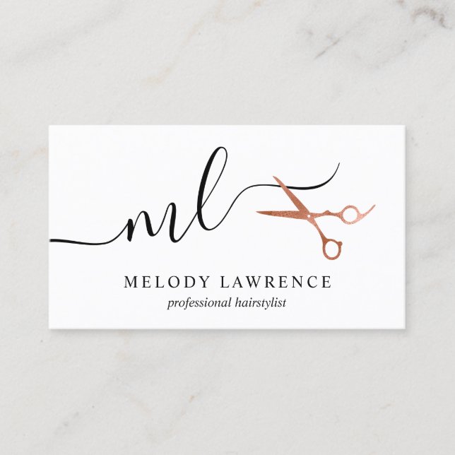 Elegant copper rose gold scissors hairstylist business card (Front)