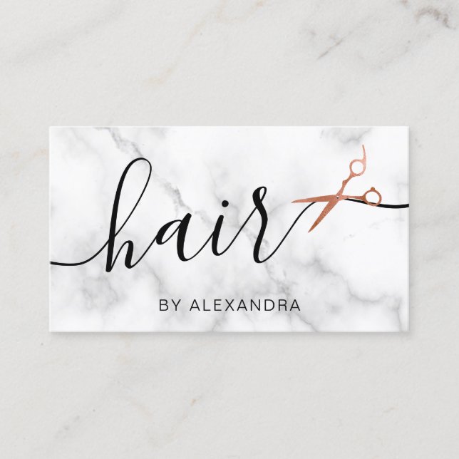 Elegant copper rose gold scissors hairstylist business card (Front)