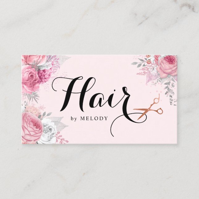 Elegant copper rose gold scissors hairstylist business card (Front)