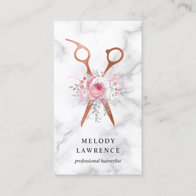 Elegant copper rose gold scissors hairstylist business card (Front)