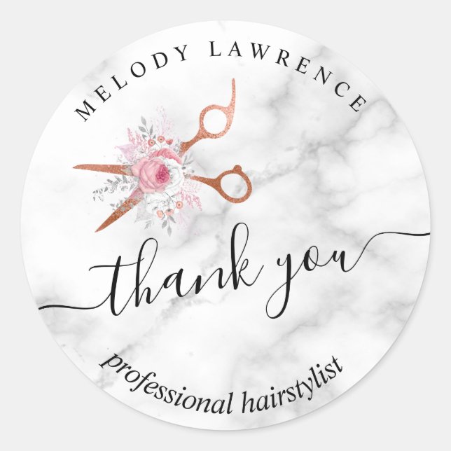 Elegant copper rose gold scissors hairstylist classic round sticker (Front)