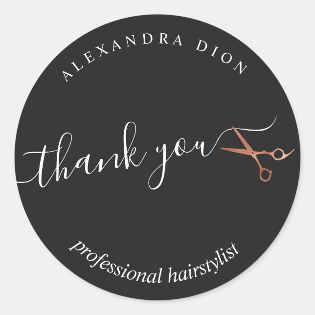 Elegant copper rose gold scissors hairstylist classic round sticker (Front)