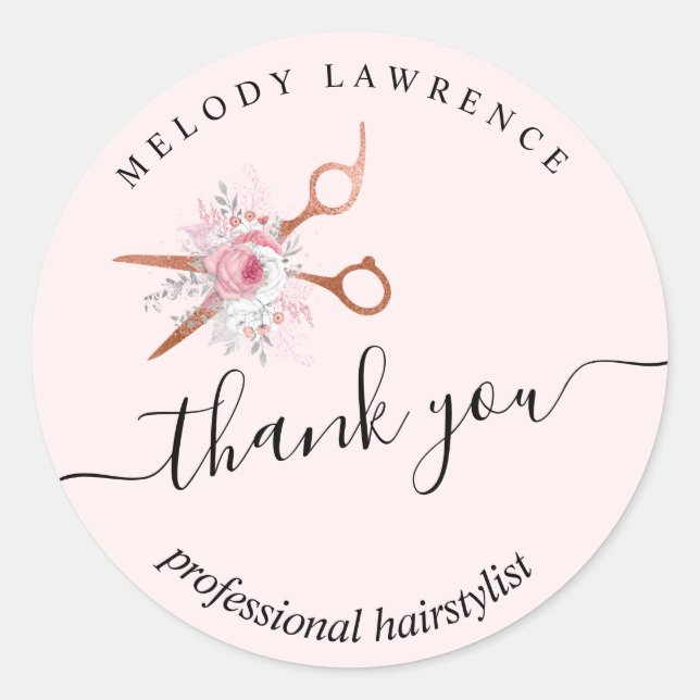 Elegant copper rose gold scissors hairstylist classic round sticker (Front)