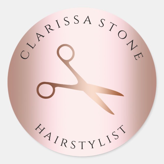 Elegant copper rose gold scissors hairstylist classic round sticker (Front)