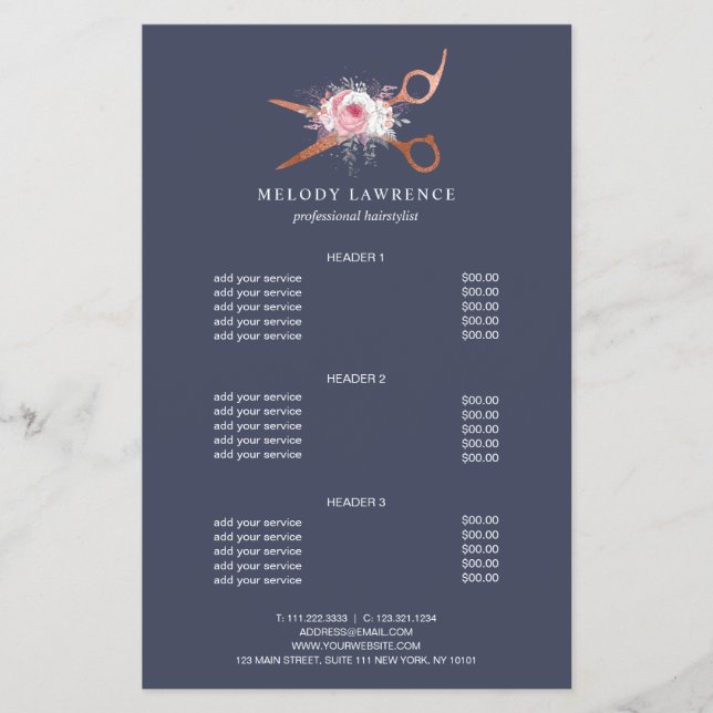 Elegant copper rose gold scissors hairstylist flyer (Front)
