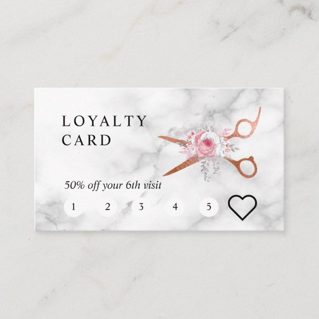 Elegant copper rose gold scissors hairstylist loyalty card (Front)