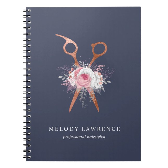 Elegant copper rose gold scissors hairstylist notebook (Front)