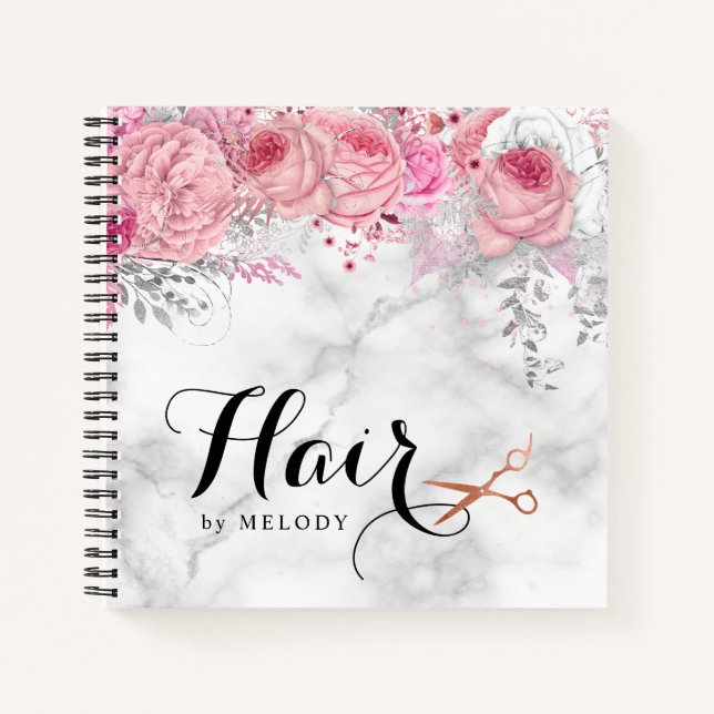 Elegant copper rose gold scissors hairstylist notebook (Front)
