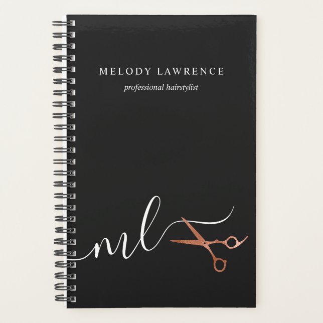 Elegant copper rose gold scissors hairstylist planner (Front)