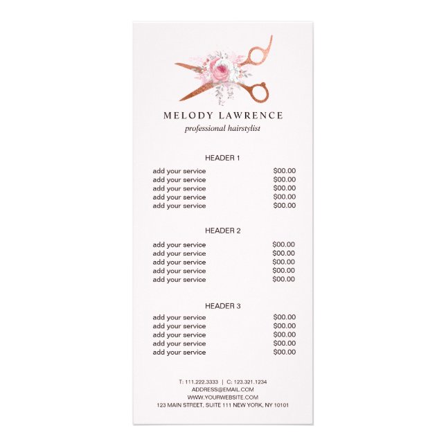Elegant copper rose gold scissors hairstylist rack card (Front)