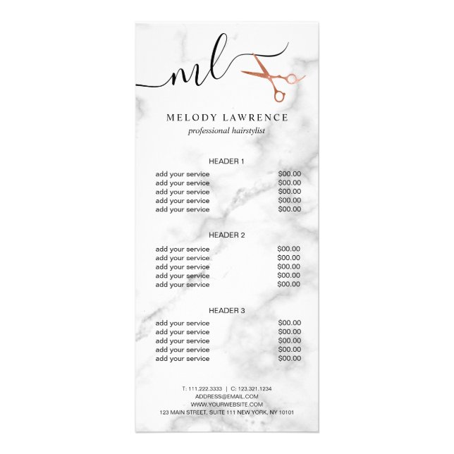 Elegant copper rose gold scissors hairstylist rack card (Front)