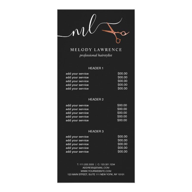Elegant copper rose gold scissors hairstylist rack card (Front)