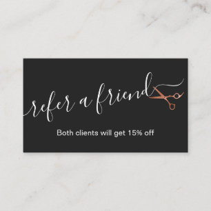 Elegant copper rose gold scissors hairstylist referral card