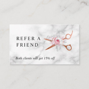 Elegant copper rose gold scissors hairstylist referral card