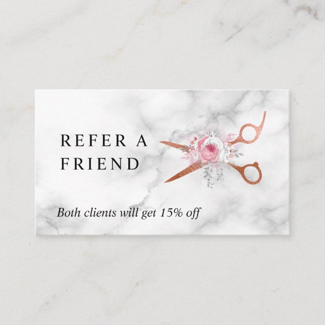 Elegant copper rose gold scissors hairstylist referral card (Front)