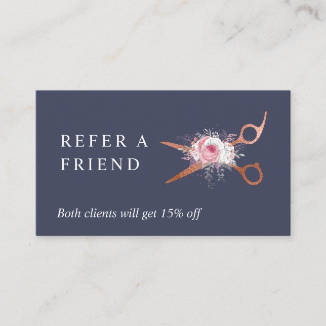 Elegant copper rose gold scissors hairstylist referral card (Front)