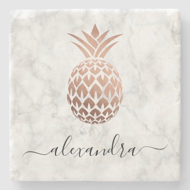 Elegant copper rose gold white marble pineapple stone coaster (Front)