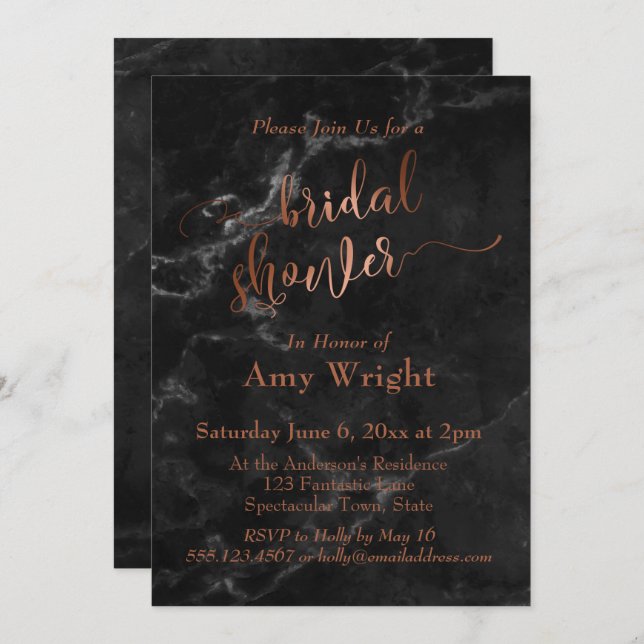 Elegant Copper Script Bridal Shower Black Marble Invitation (Front/Back)