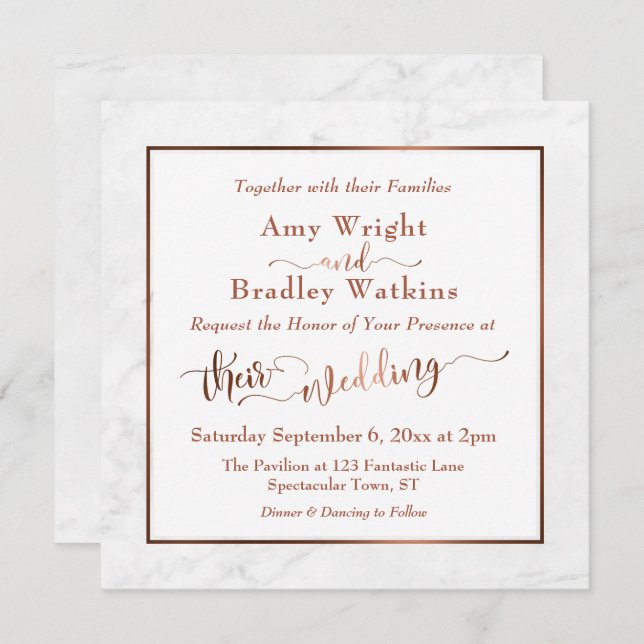 Elegant Copper Script w/ White Marble | Wedding Invitation (Front/Back)
