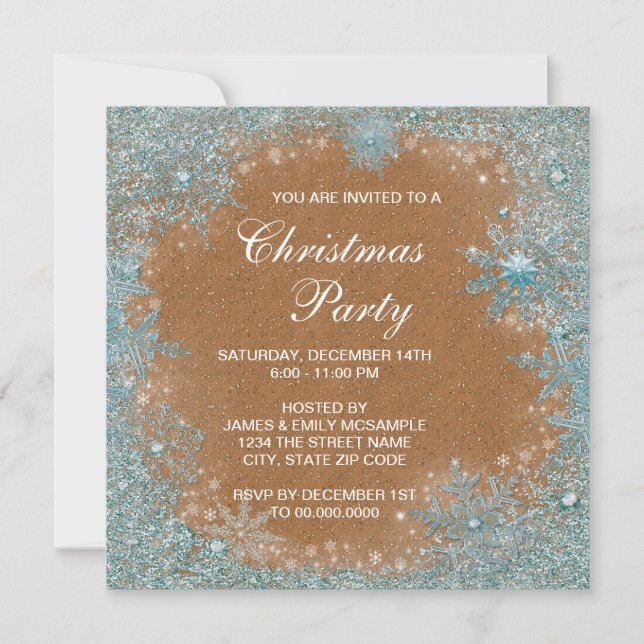 Elegant Copper Teal Blue Snowflake Christmas Party Invitation (Front)