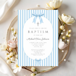 Elegant Coquette Blue Bow Boy Baptism Invitation