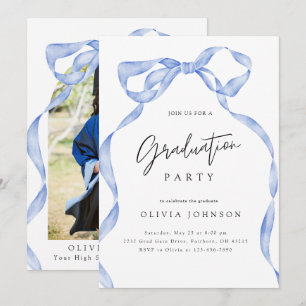 Elegant Coquette Blue Bow Photo Graduation Party Invitation