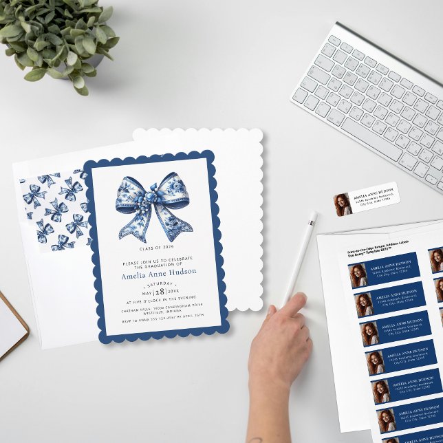 Elegant Coquette Blue Floral Bow Graduation Party Invitation (Creator Uploaded)