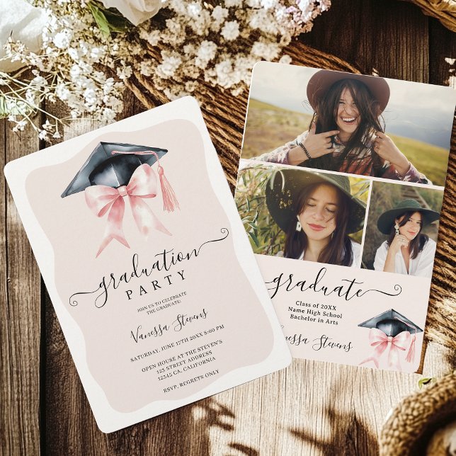  Elegant Coquette Bow Graduation 3 Photos Invitation (Elegant Coquette Bow Graduation 3 Photos Invitation)
