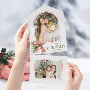 Elegant Coquette Bow Merry Christmas Arch Photo All In One Invitation