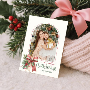 Elegant Coquette Bow Merry Christmas Arch Photo Holiday Card