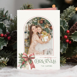 Elegant Coquette Bow Merry Christmas Arch Photo Holiday Card