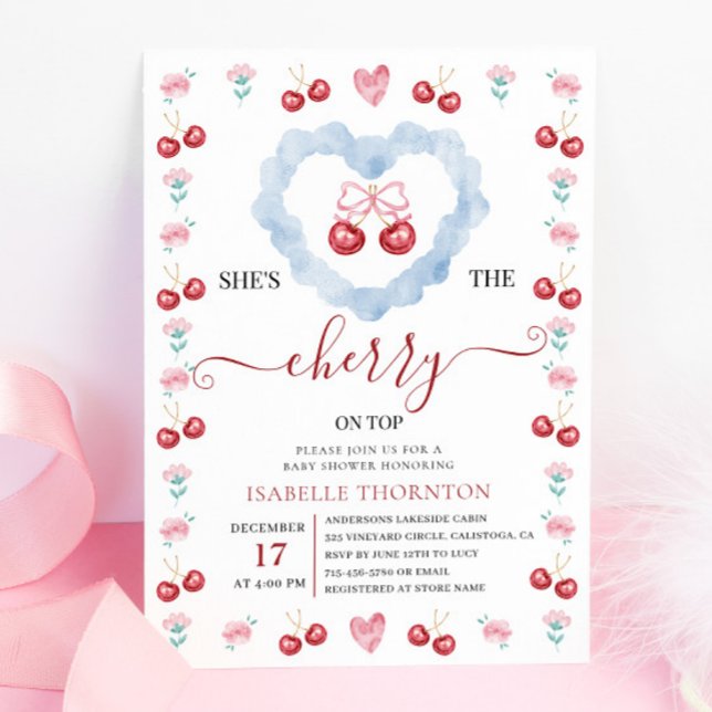 Elegant Coquette Cherry on Top Baby Shower Invitation (Creator Uploaded)